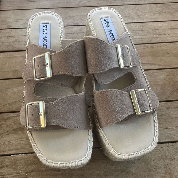 Steve Madden 2 Buckle Tan Leather Sandals 6.6 - Picture 1 of 6
